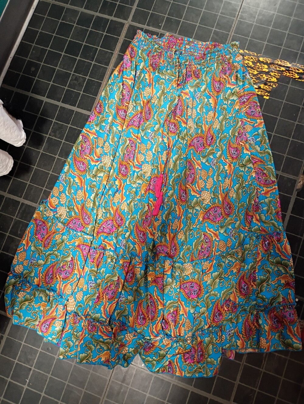 Chelsea & Theodore Turquoise Maxi Skirt with Pink and Gold Paisley